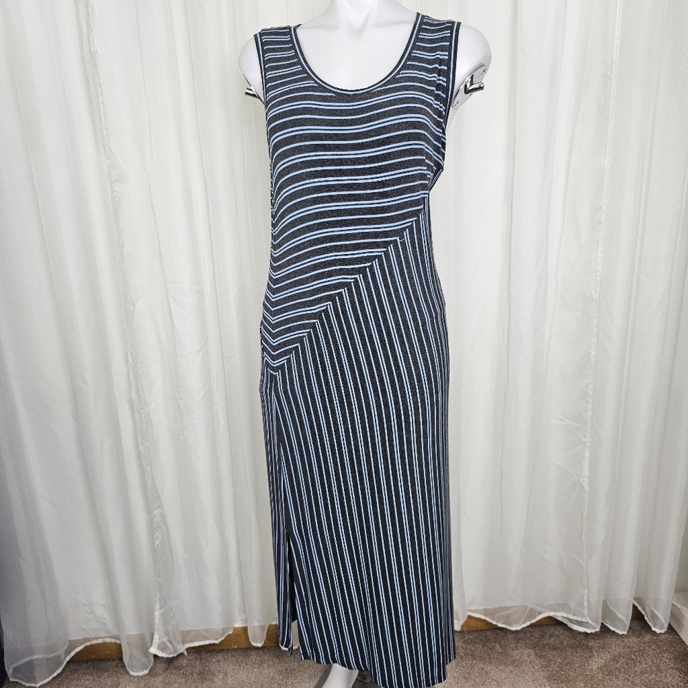 Cabi Style# 5796 Dia Striped Maxi Tank Dress Light Blue Charcoal Gray Medium